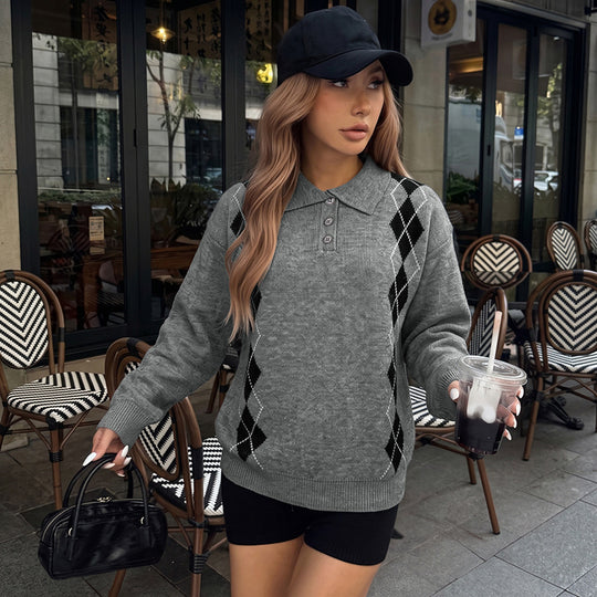 Damen Eleganter Strickpullover mit Polo-Kragen und Rautenmuster Nord Taschen