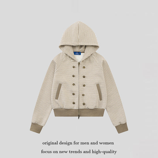 Damen gestreifte Kapuzen-Sweatjacke im Marine‑Look mit Doppelreiher‑Optik und Frontreißverschluss Nord Taschen