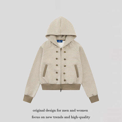 Damen gestreifte Kapuzen-Sweatjacke im Marine‑Look mit Doppelreiher‑Optik und Frontreißverschluss Nord Taschen
