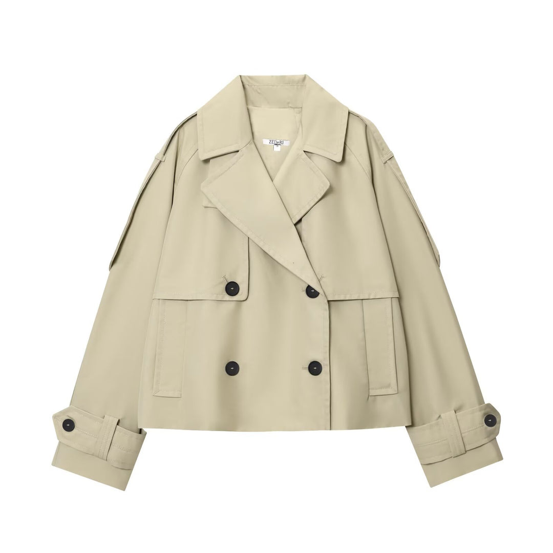 Damen 300+ kurzer doppeltreihiger Cropped‑Trenchcoat mit Epauletten und verstellbaren Manschetten Nord Taschen