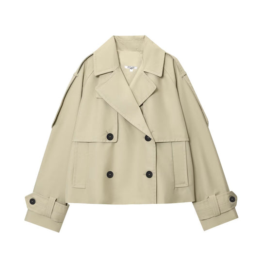 Damen 300+ kurzer doppeltreihiger Cropped‑Trenchcoat mit Epauletten und verstellbaren Manschetten Nord Taschen