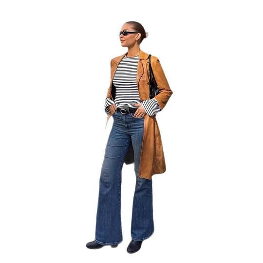 Damen Langer taillierter Leder‑Trenchcoat mit doppelreihiger Knopfleiste und Reverskragen Nord Taschen