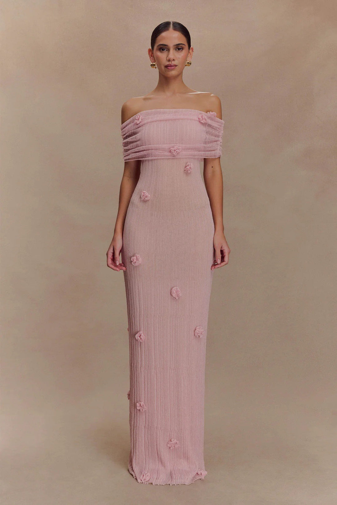 Damen Elegantes Maxikleid mit Off-Shoulder-Design und zarten 3D-Blütenapplikationen
