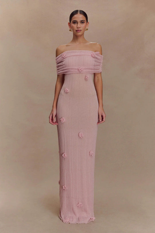 Damen Elegantes Maxikleid mit Off-Shoulder-Design und zarten 3D-Blütenapplikationen