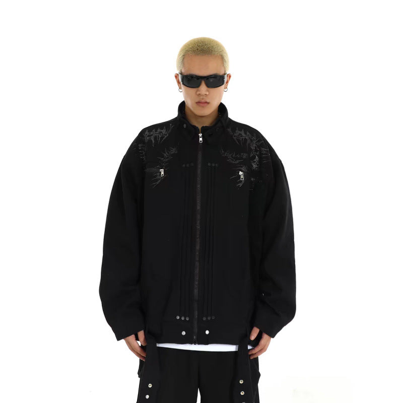Herren Oversized Utility-Jacke mit Stickerei, Stehkragen, Reißverschluss und langen Gurtbändern Nord Taschen