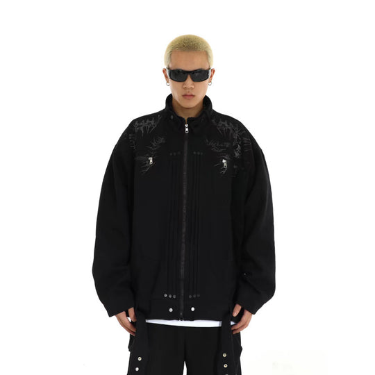 Herren Oversized Utility-Jacke mit Stickerei, Stehkragen, Reißverschluss und langen Gurtbändern Nord Taschen