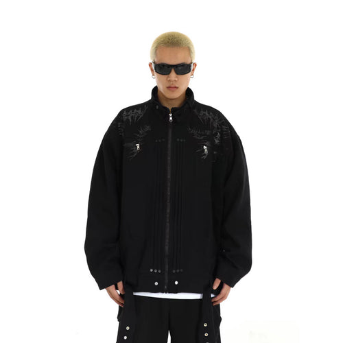 Herren Oversized Utility-Jacke mit Stickerei, Stehkragen, Reißverschluss und langen Gurtbändern Nord Taschen