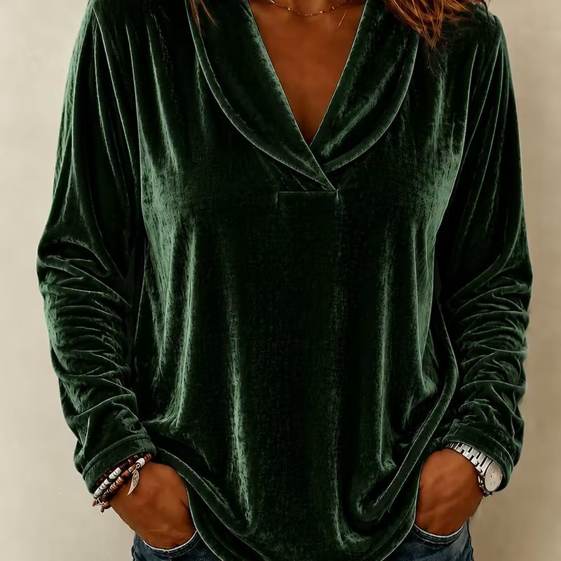Damen Velours-Longsleeve mit tiefem Schalkragen und gerundetem Saum Nord Taschen