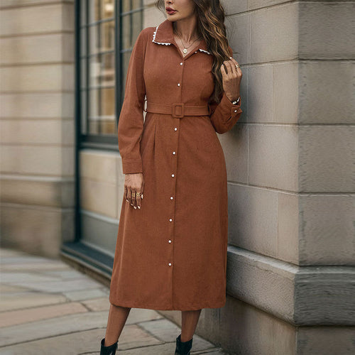 Damen Midi‑Hemdblusenkleid aus Veloursoptik mit Taillengürtel und Frontschlitz Nord Taschen