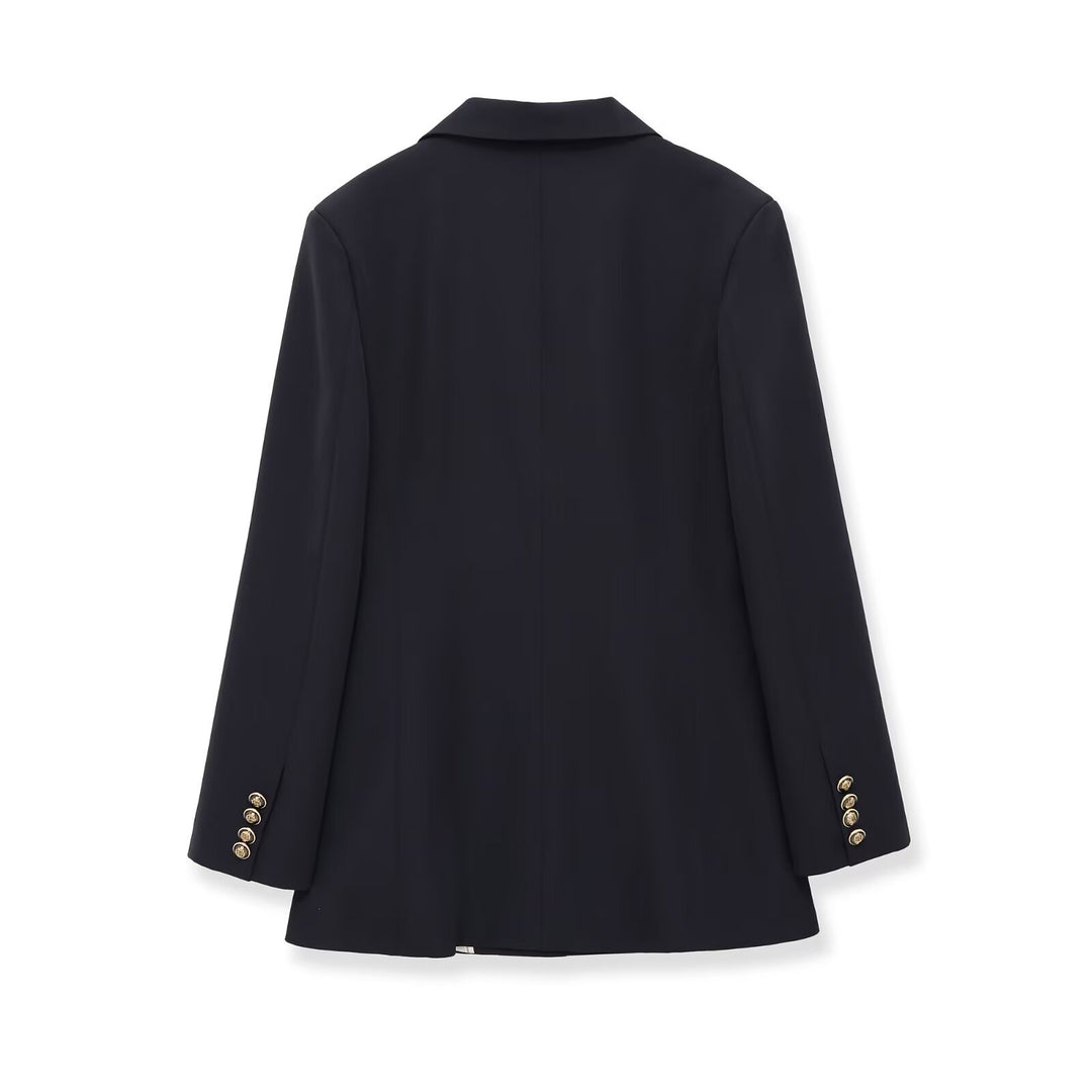 Damen Doppelreihiger Longblazer mit markanten Goldknöpfen und strukturierter Schulter Nord Taschen