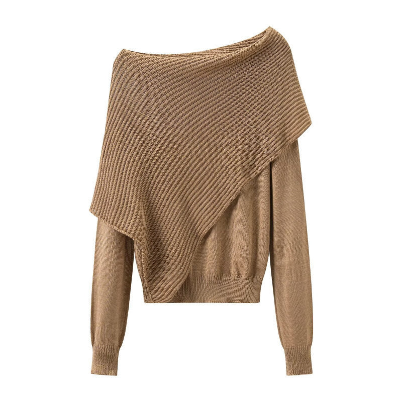 Damen Asymmetrischer schulterfreier Strickpullover mit Poncho‑Einsatz Nord Taschen