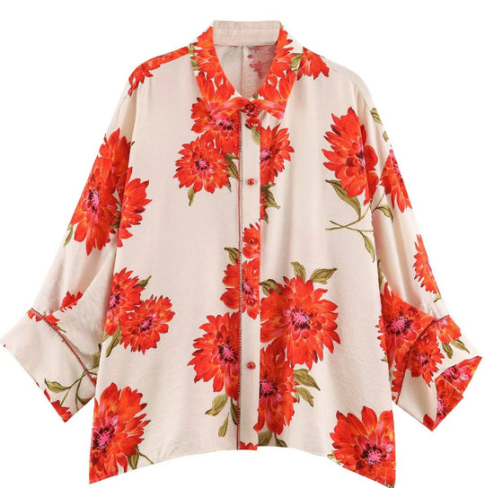 Damen Oversize‑Bluse mit leuchtendem Blumenprint, kastiger Silhouette und dreiviertelärmeln Nord Taschen