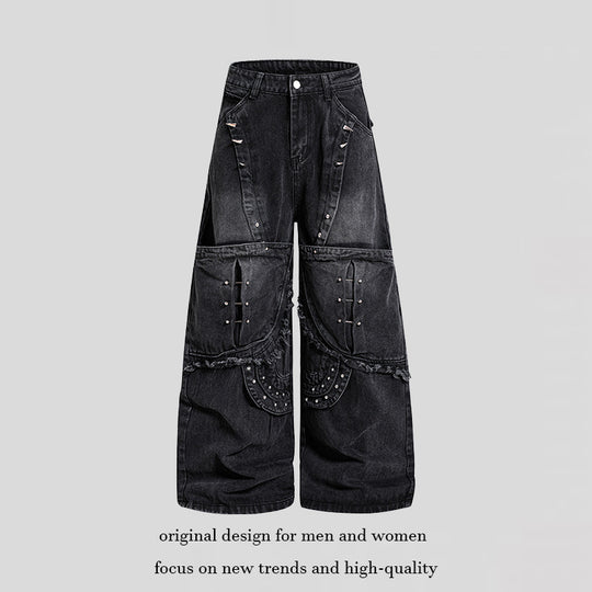 Damen Weite High‑Waist Denim‑Cargo‑Culotte mit Nieten und großen Pattentaschen Nord Taschen