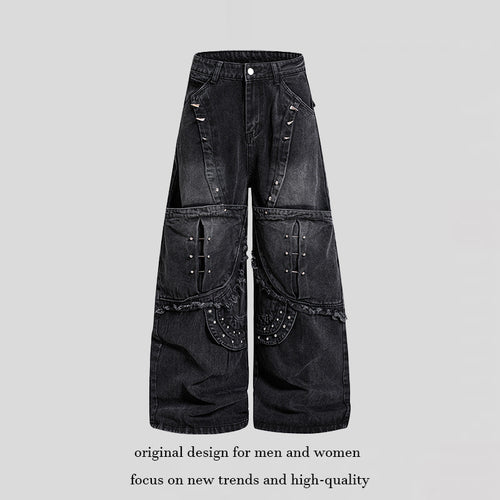 Damen Weite High‑Waist Denim‑Cargo‑Culotte mit Nieten und großen Pattentaschen Nord Taschen
