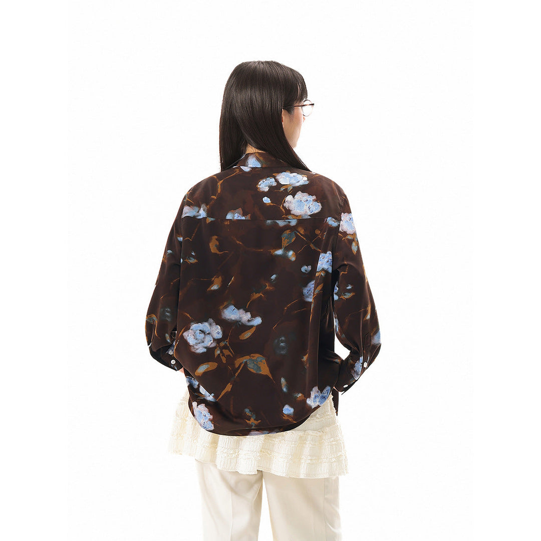 Damen Oversize-Hemdbluse mit abstraktem Blumenprint und aufgesetzter Brusttasche Nord Taschen
