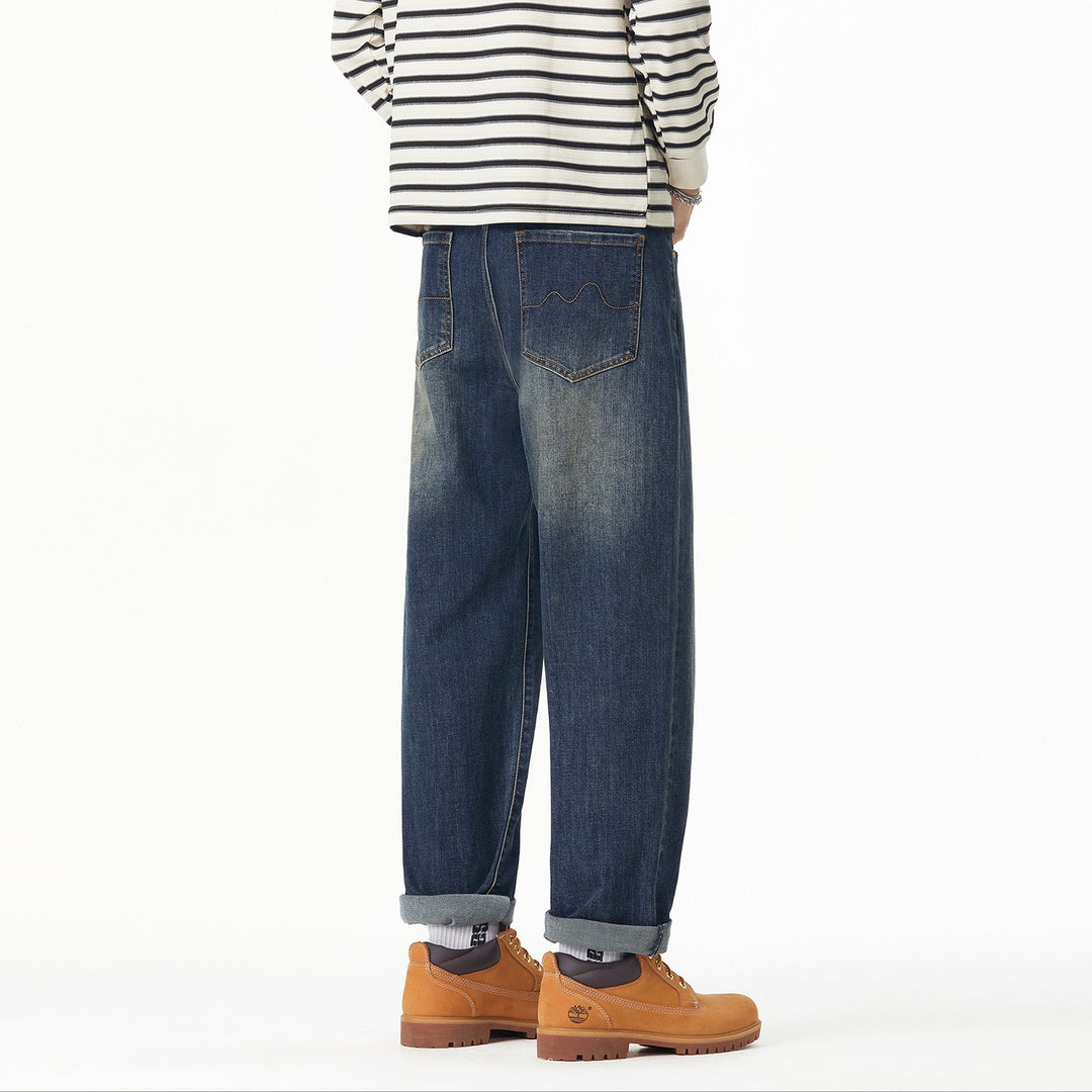 Herren Weite gerade geschnittene Denim-Jeans mit Used‑Wash und Umschlagbund Nord Taschen