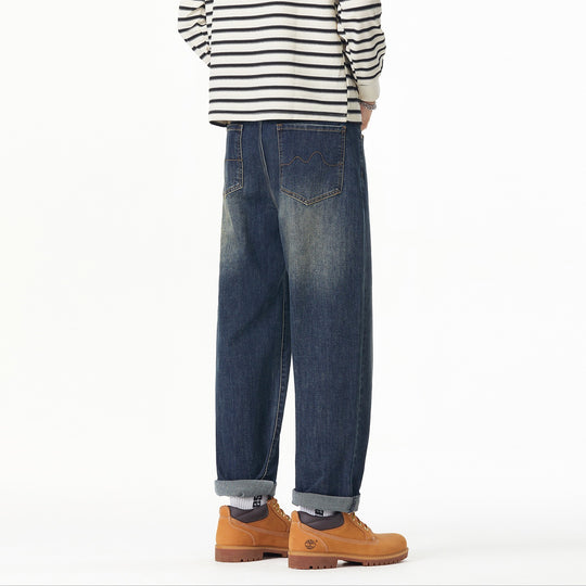 Herren Weite gerade geschnittene Denim-Jeans mit Used‑Wash und Umschlagbund Nord Taschen