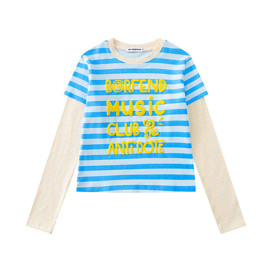 Damen Lagen-Langarmshirt im Layer-Look mit kontrastierenden Streifenärmeln und typografischem Print Nord Taschen