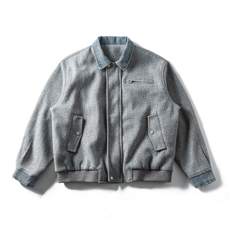 Herren Kurz geschnittener Wollmix‑Fliegerblouson mit Denim‑Kragen, verdecktem Reißverschluss und Pattentaschen Nord Taschen