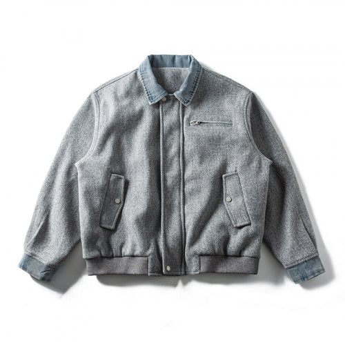 Herren Kurz geschnittener Wollmix‑Fliegerblouson mit Denim‑Kragen, verdecktem Reißverschluss und Pattentaschen Nord Taschen