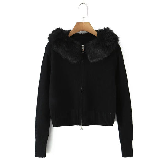Damen Kurze Strickjacke mit Reißverschluss und abnehmbarem Kunstpelzkragen Nord Taschen