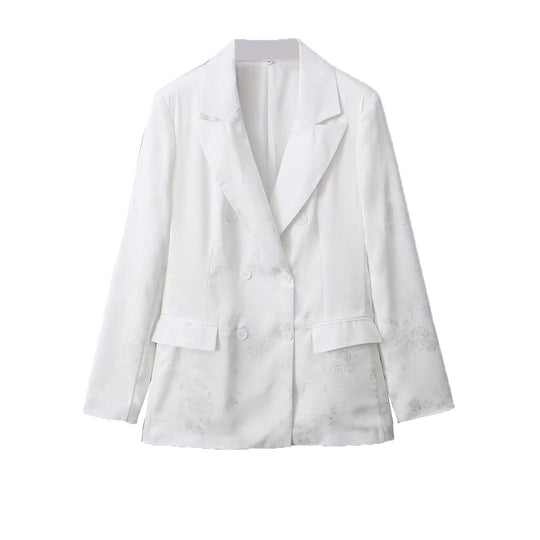 Damen Zweireihiger Satin-Blazer mit floralem Jacquardmuster und Pattentaschen Nord Taschen