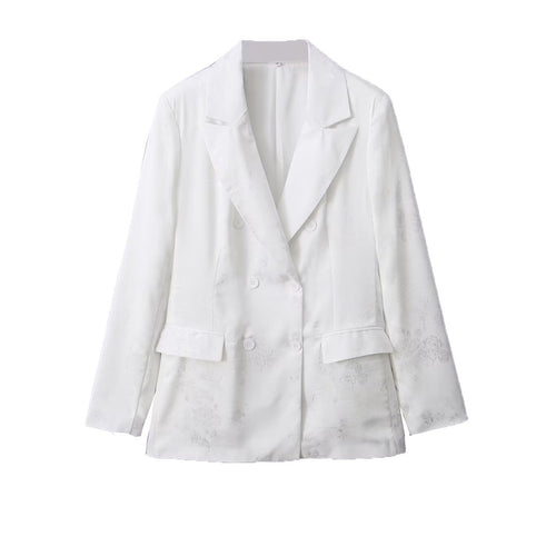 Damen Zweireihiger Satin-Blazer mit floralem Jacquardmuster und Pattentaschen Nord Taschen