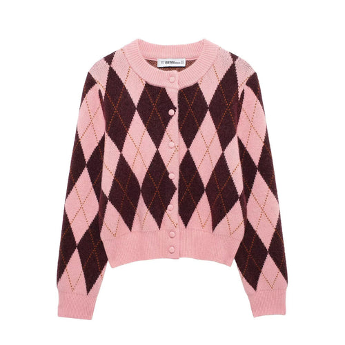 Damen Kurze Rauten‑Argyle‑Strickjacke mit Rundhals und stoffbezogenen Knöpfen Nord Taschen