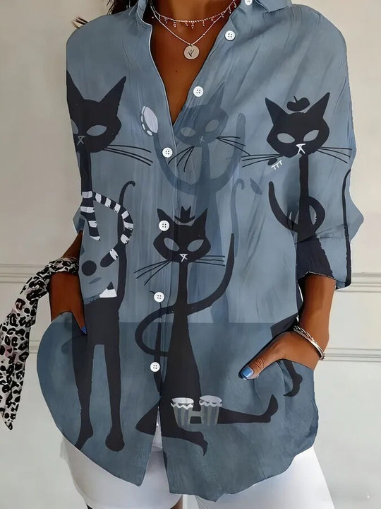 Damen Modische Hemdbluse mit einzigartigem Katzenmotiv Nord Taschen