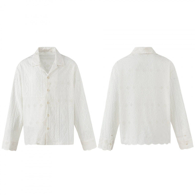 Damen Broderie-Anglaise-Hemdjacke im Boxy-Schnitt mit Hemdkragen und Knopfleiste Nord Taschen