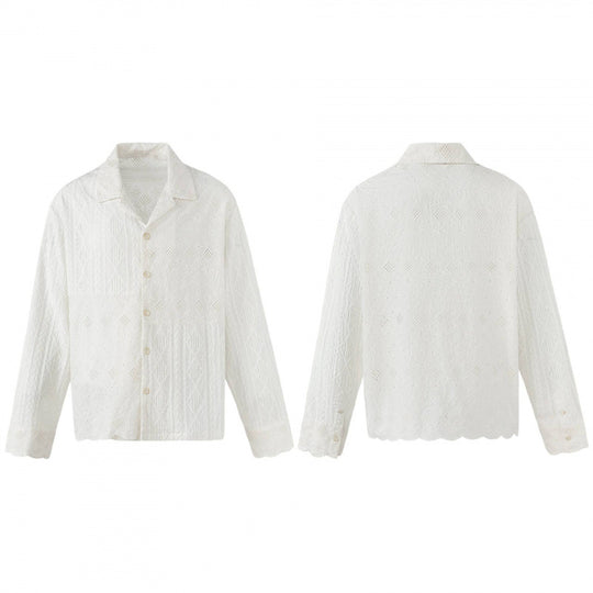Damen Broderie-Anglaise-Hemdjacke im Boxy-Schnitt mit Hemdkragen und Knopfleiste Nord Taschen