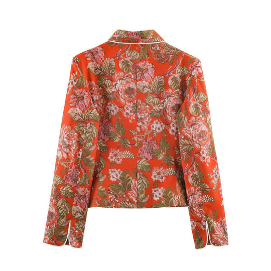 Damen Kurzblazer im Brokat-Jacquard mit Stehkragen und Paspelierung Nord Taschen