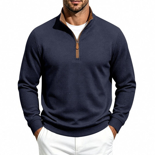 Herren Struktur-Halbzipp-Pullover mit Stehkragen und Kontrastinnenkragen Nord Taschen