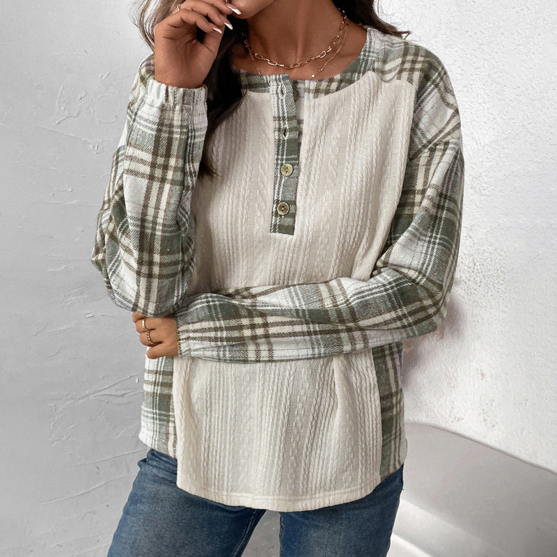 Damen Langärmeliges Strick-Blend-Shirt mit Karo-Ärmeln, Henley-Knopfleiste & Strukturmix Nord Taschen