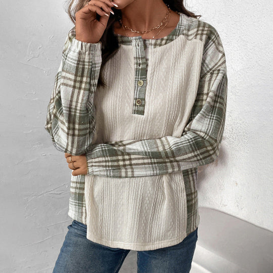 Damen Langärmeliges Strick-Blend-Shirt mit Karo-Ärmeln, Henley-Knopfleiste & Strukturmix Nord Taschen