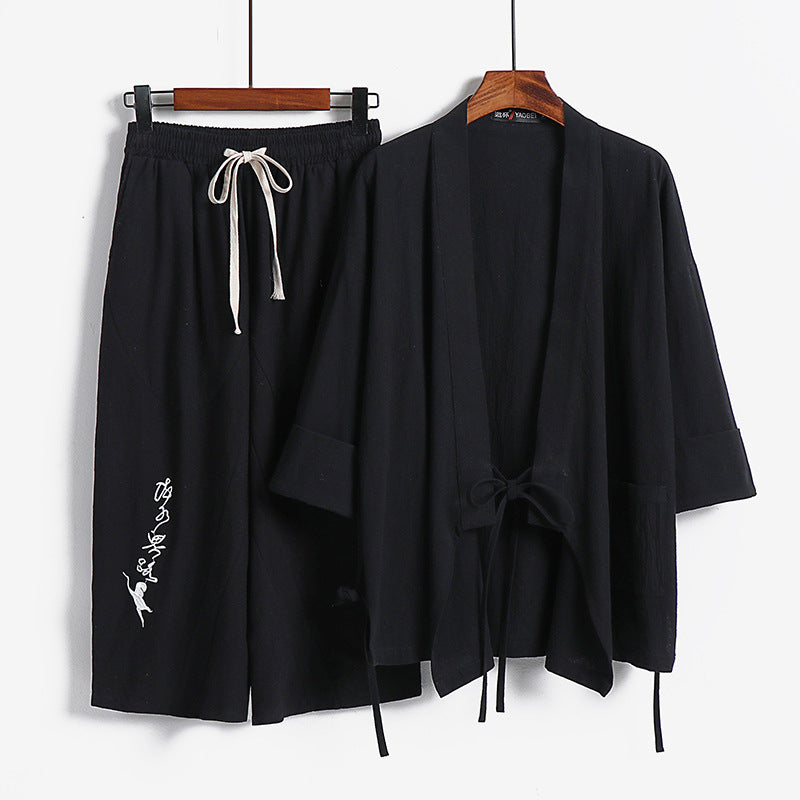 Unisex Leichtes Kimono-Loungewear-Set aus Baumwoll-Leinen mit bestickter Haremshose und Bindegürtel Nord Taschen