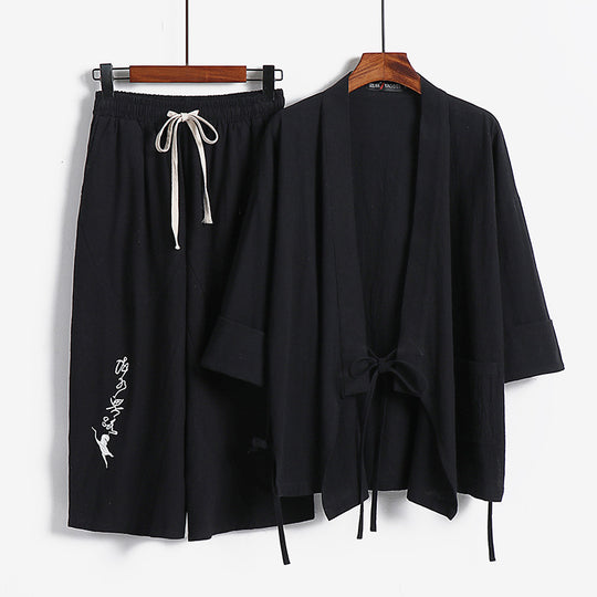 Unisex Leichtes Kimono-Loungewear-Set aus Baumwoll-Leinen mit bestickter Haremshose und Bindegürtel Nord Taschen