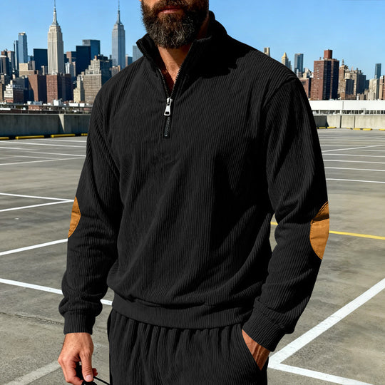 Herren Cord-Struktur-Halbzip-Pullover im Relaxed-Fit mit Stehkragen und Ellbogen-Patch Nord Taschen