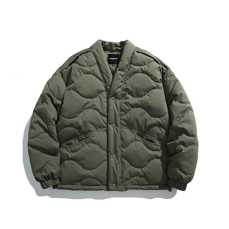 Unisex Oversize-Steppjacke mit V-Ausschnitt, Druckknopfverschluss und wattierter Isolation Nord Taschen