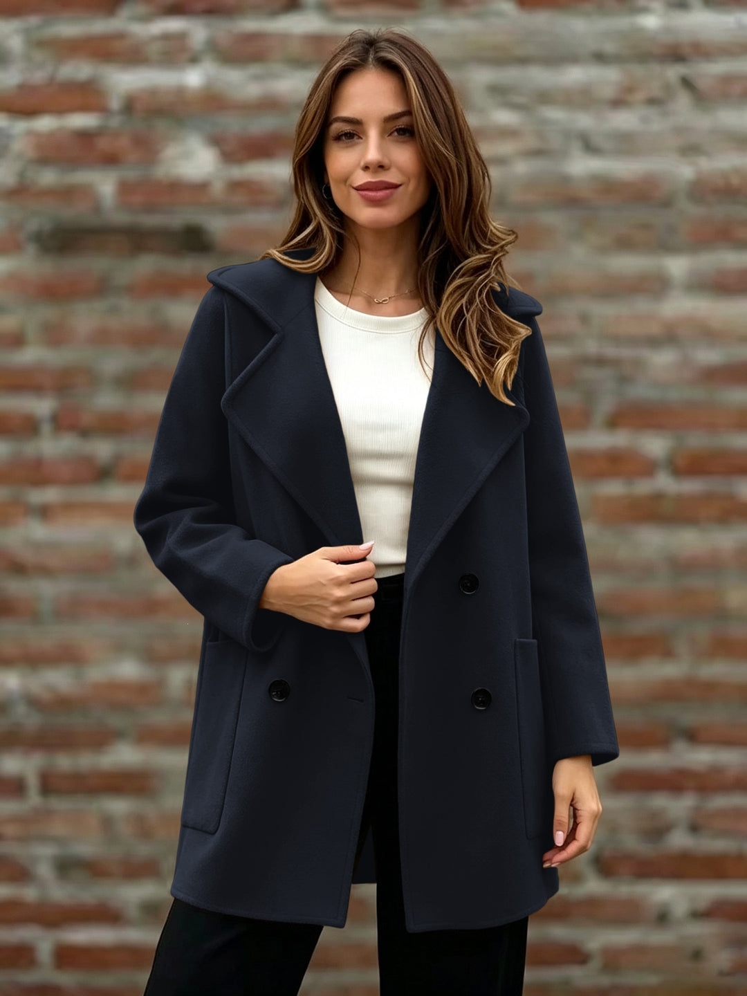 Damen Doppelreihiger Wollmantel mit Oversize-Revers Nord Taschen