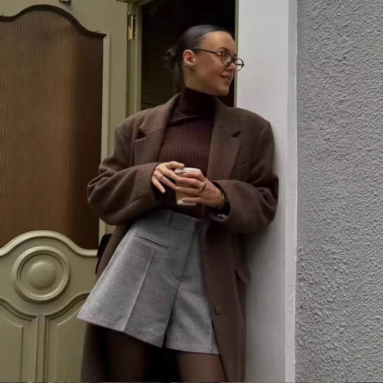 Damen Langer Wollmix-Mantel mit Reverskragen und Pattentaschen Nord Taschen