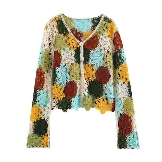 Damen Leichter Häkel-Cardigan mit floralen Häkelmotiven und Knopfleiste Nord Taschen