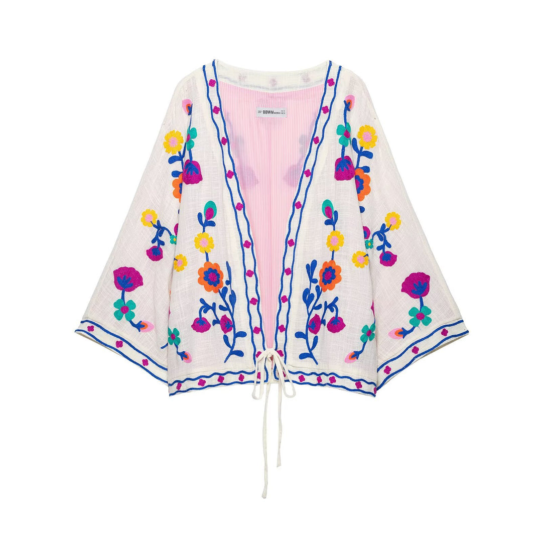 Damen Bestickter Kimono-Blouson mit Tunnelzug und floraler Stickerei Nord Taschen