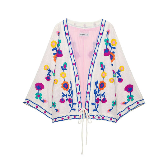Damen Bestickter Kimono-Blouson mit Tunnelzug und floraler Stickerei Nord Taschen