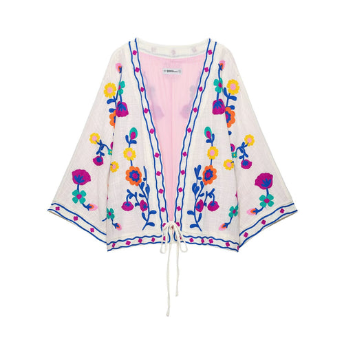 Damen Bestickter Kimono-Blouson mit Tunnelzug und floraler Stickerei Nord Taschen