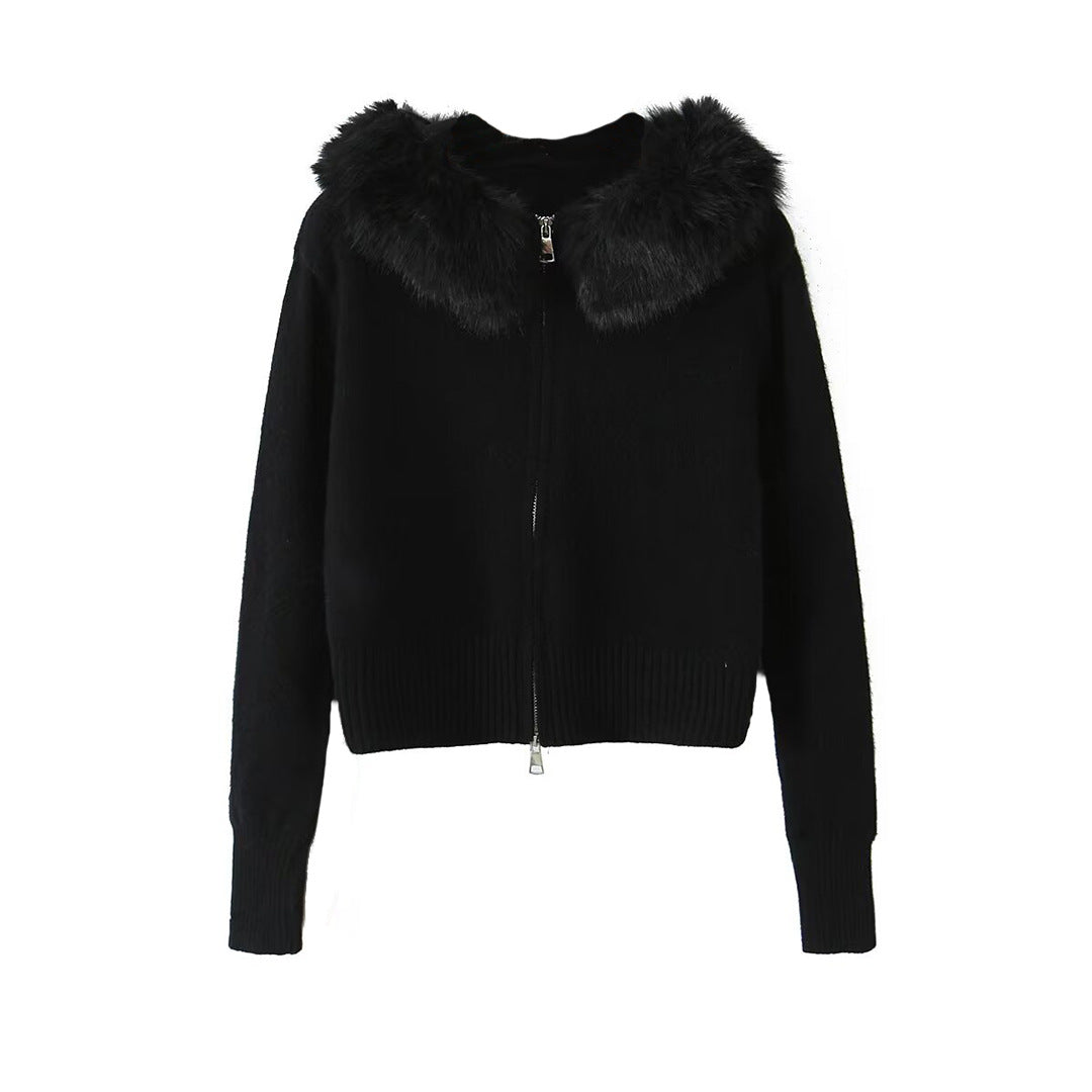 Damen Kurzgeschnittene Strickjacke mit Reißverschluss und abnehmbarem Kunstfellkragen Nord Taschen