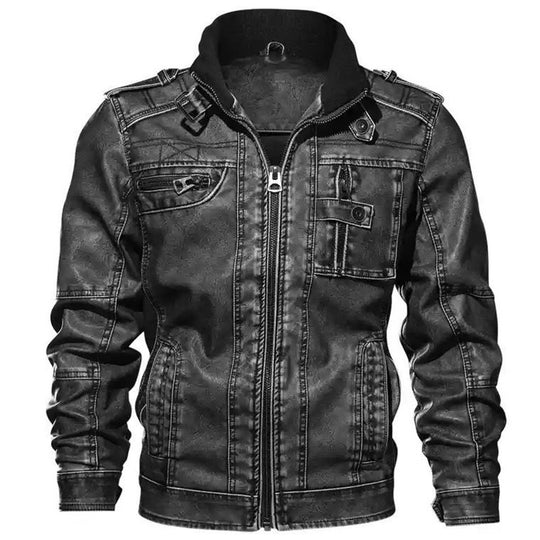 Herren Lässige Kunstleder-Bikerjacke mit Stehkragen, Reißverschluss-Front und Utility-Taschen Nord Taschen