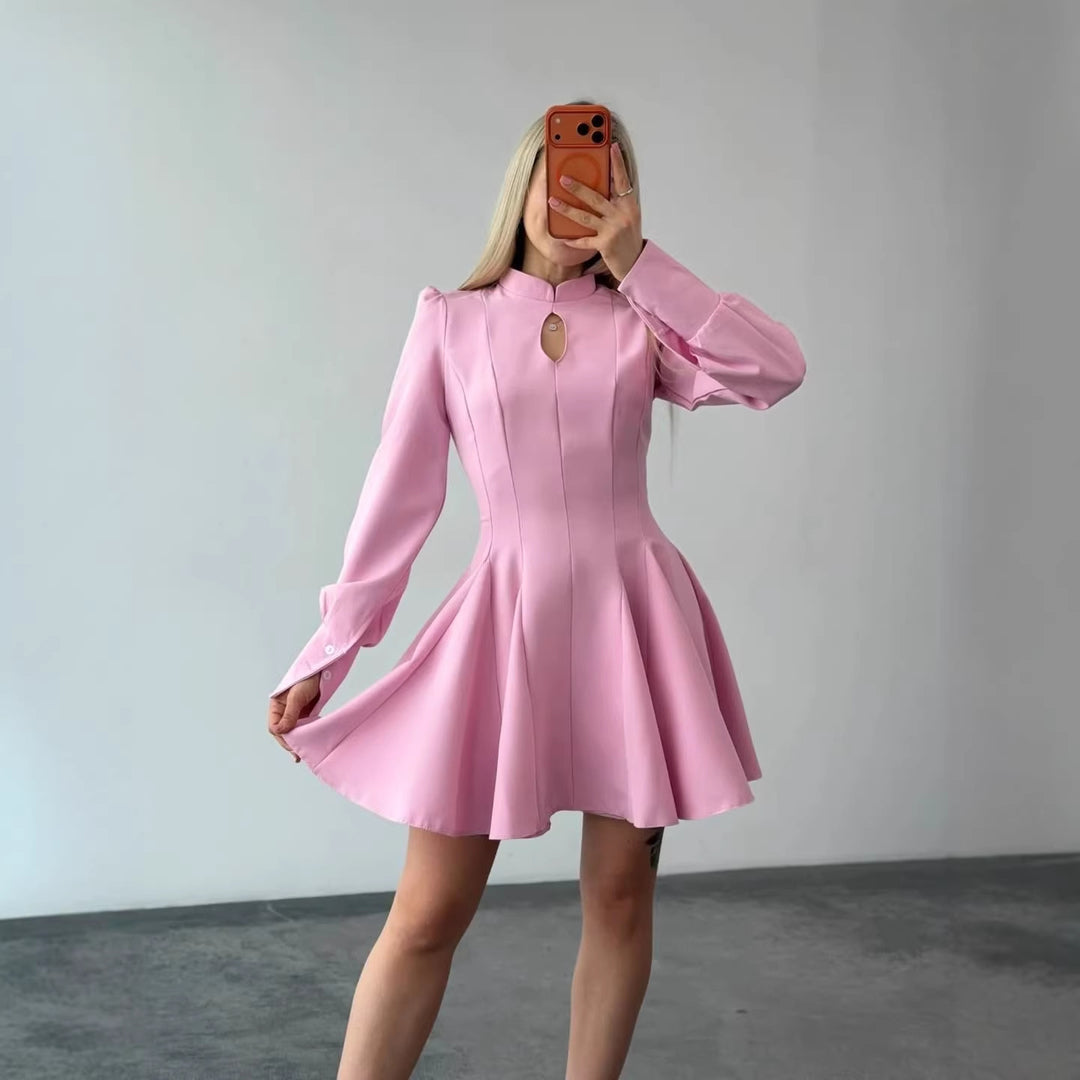 Damen A-Linien Minikleid mit Stehkragen, Schlitzdetail und Ballonärmeln Nord Taschen