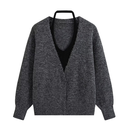 Damen Oversize Strickcardigan mit tiefem V Ausschnitt und Rippbund Nord Taschen