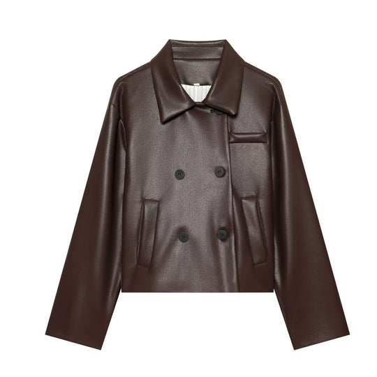 Damen Kurz geschnittene doppeltreihige Kunstlederjacke im Boxy‑Schnitt mit Hemdkragen Nord Taschen